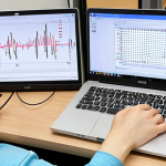 **

A student deeply focused, wearing headphones, looking intently at a laptop screen displaying Korean text and audio waveforms. Flashcards with Korean vocabulary are scattered around the desk. The overall mood is one of diligent study and focused concentration on improving listening skills.

**