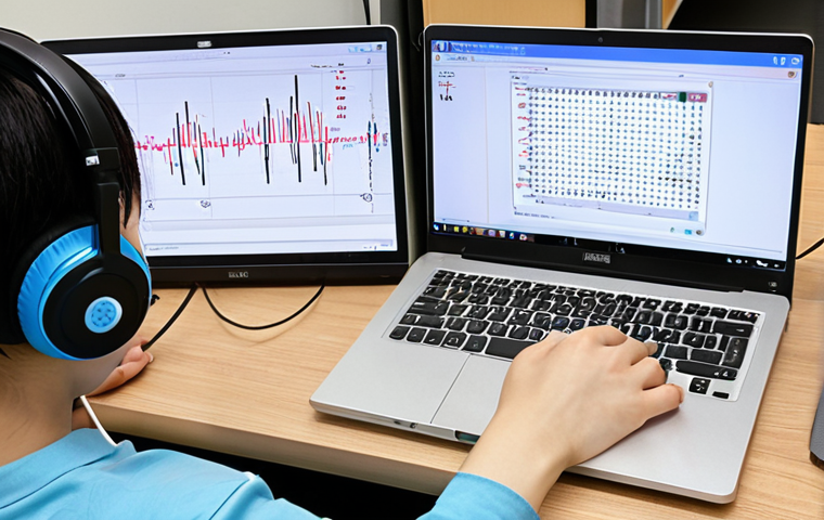 **

A student deeply focused, wearing headphones, looking intently at a laptop screen displaying Korean text and audio waveforms. Flashcards with Korean vocabulary are scattered around the desk. The overall mood is one of diligent study and focused concentration on improving listening skills.

**