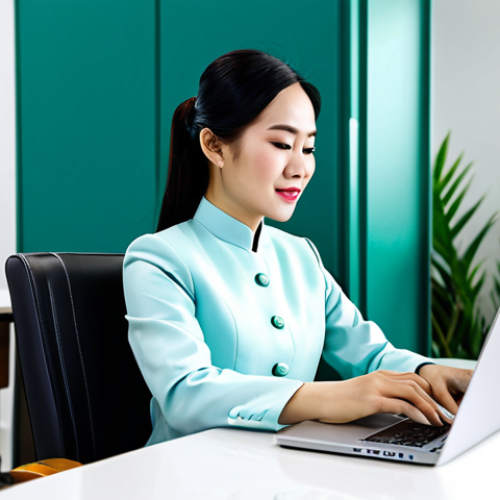 Home 15 ** A professional Vietnamese businesswoman in a tailored Ao Dai, fully clothed in modest business attire, working on a laptop at a modern co-working space in Ho Chi Minh City, Vietnam. Safe for work, appropriate content, perfect anatomy, natural proportions, professional.
**