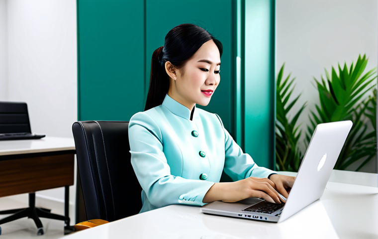 ** A professional Vietnamese businesswoman in a tailored Ao Dai, fully clothed in modest business attire, working on a laptop at a modern co-working space in Ho Chi Minh City, Vietnam. Safe for work, appropriate content, perfect anatomy, natural proportions, professional.

**
