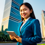 **

A young professional woman, fully clothed in a modest business suit, stands confidently in front of the Bitexco Financial Tower in Ho Chi Minh City, Vietnam. The scene is bathed in warm, late afternoon sunlight. She has a friendly smile and is holding a tablet. Safe for work, appropriate content, perfect anatomy, natural pose, professional portrait, high resolution.

**