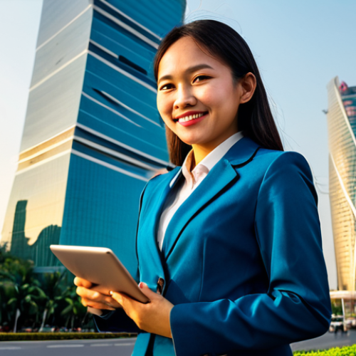 Home 8 **
A young professional woman, fully clothed in a modest business suit, stands confidently in front of the Bitexco Financial Tower in Ho Chi Minh City, Vietnam. The scene is bathed in warm, late afternoon sunlight. She has a friendly smile and is holding a tablet. Safe for work, appropriate content, perfect anatomy, natural pose, professional portrait, high resolution.
**