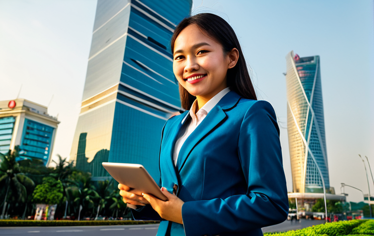 **

A young professional woman, fully clothed in a modest business suit, stands confidently in front of the Bitexco Financial Tower in Ho Chi Minh City, Vietnam. The scene is bathed in warm, late afternoon sunlight. She has a friendly smile and is holding a tablet. Safe for work, appropriate content, perfect anatomy, natural pose, professional portrait, high resolution.

**